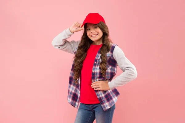 Not stereotypes. Little hipster wear cap pink background. Hipster look of small girl. Happy child in hipster style. Fashion accessory. Style and beauty. Trendy outfit. Streetwear. Own kind of hipster — Stock Photo, Image