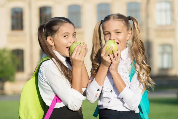 Assurer un équilibre quotidien sain. Les filles heureuses mangent des pommes à l'extérieur. Une collation scolaire. Une alimentation saine. Régime végétarien et régime. Une nourriture saine. Vitamine. Naturel et biologique. Encourager de saines habitudes alimentaires — Photo