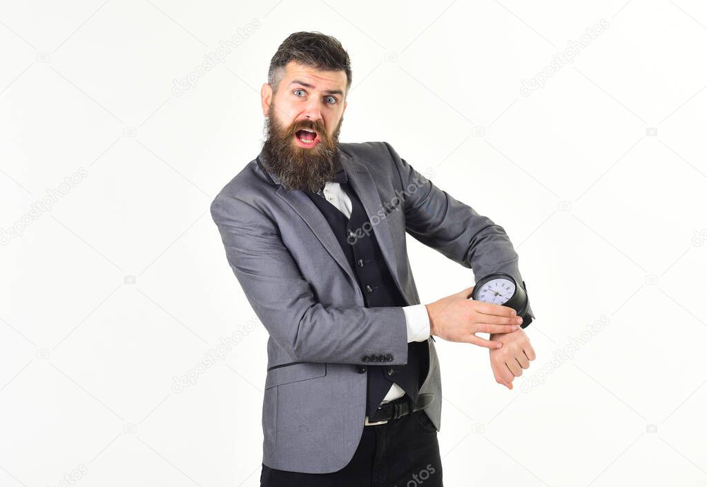 Mature man with long beard and scared face.