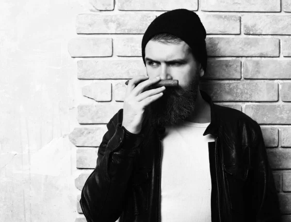 Vousatý brutální kavkazský hipster kouření doutník na béžové cihly zeď studio pozadí — Stock fotografie