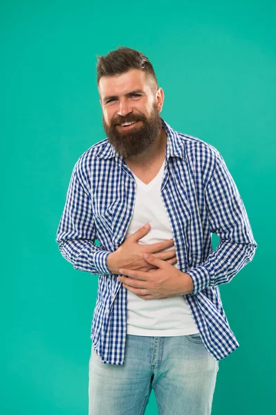 Laughing all the day. Carefree natural emotion. Caucasian man isolated on blue background laughing happy. Happy man with big smile. Handsome guy with beard happy face. Sense of humor. Stomach pain