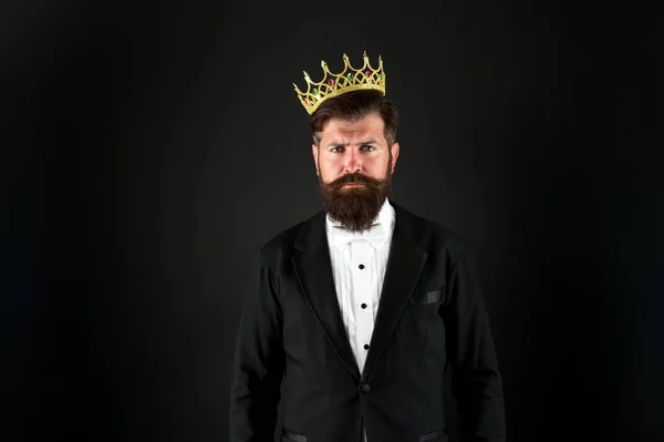 King of style. bearded man wear golden crown. elegant man in formal wear at special event. Party king. he is vip client. Premium user concept. reward for business success. Top manager