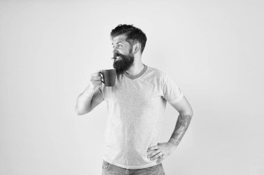 Ne güzel bir sabah. Günaydın kahve. Kahvaltıda çay fincanı. Öğle yemeği molası. Bir yudum ilham. Kafkasyalı vahşi hippi içki içiyor. Sıcak içecek kupası. Adam gündelik tarzda çay içiyor.