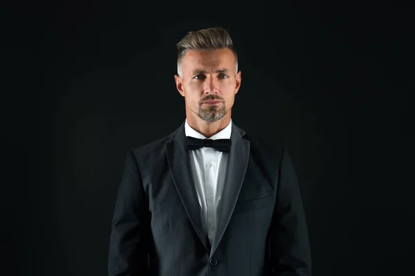 Handsome tuxedo man. formal and business fashion. groomed male on special event. its wedding day. stylish art director. real esthete in all details. being real gentleman. wear bow tie — Stock Photo, Image