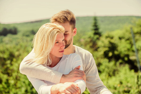 True love. Tenderness concept. Enjoy every moment. Peaceful romantic people. Enjoyment. Summer romance. Family love. Love story. Romantic relations. Couple in love. Man and woman sunny day outdoors