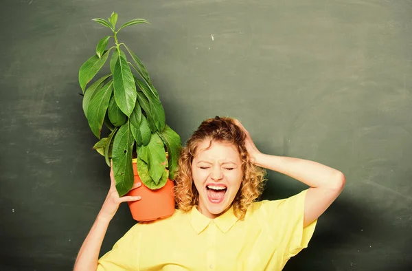 teacher woman in glasses at biology lesson. school nature study. shouting student girl with plant at blackboard. tree of knowledge. school learning ecology. environmental education. copy space
