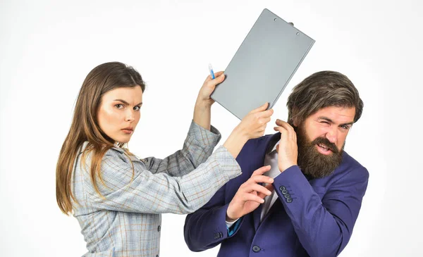 Fight in modern office. woman and man do business. businessman punish colleague. conflict at work. end of partnership. boss and employee work with documents. secretary hold folder — Stock Photo, Image