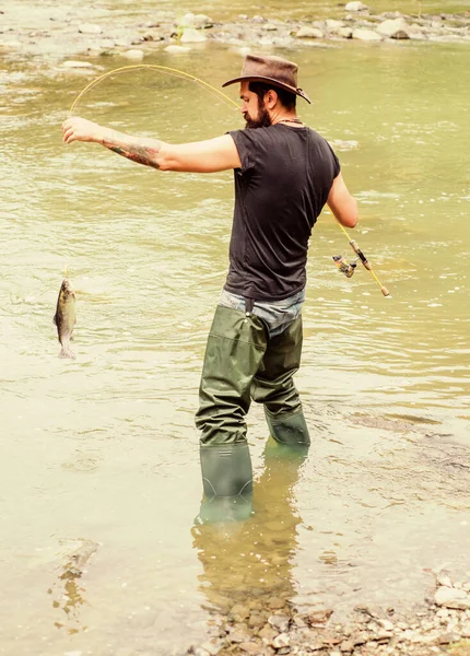 Sempre collegato Pesca. weekend estivo. Pesca d'altura. uomo maturo pesca a mosca. uomo cattura il pesce. pescatore con canna da pesca. pescatore barbuto in acqua. hobby e attività sportive. presuntuoso — Foto Stock