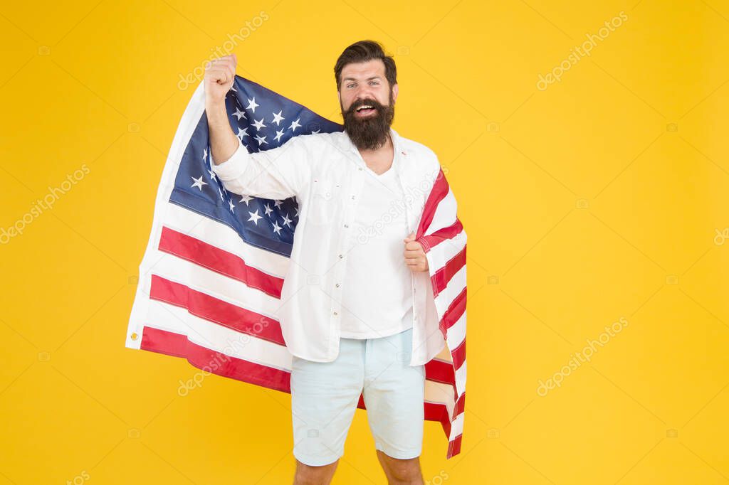 Got green card. American citizen celebrate Independence day. Happy hipster hold USA flag. Citizenship applicant. Citizenship and immigration. Citizenship status. Citizenship and naturalization