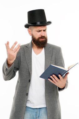 Faced with senseless drama. Eloquence and diction. Bearded man read book. Poetry reading. Book presentation. Literature teacher. Books shop. Guy classic outfit read book. Literary criticism clipart