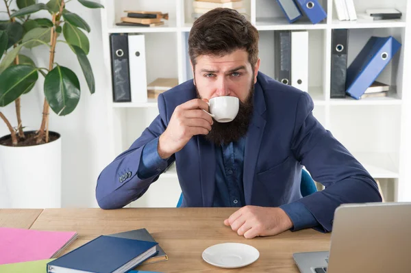 Energiani. Toimistorutiinit. Kunnioitettava toimitusjohtaja. Ensimmäinen kahvi. Mies komea pomo istuu toimistossa juomassa kahvia. Mukava työtila. Hyvää huomenta. Parrakas hipster muodollinen puku rentouttava kahvia — kuvapankkivalokuva