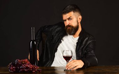 Baştan çıkarıcı yüzlü degustator şarap şişesi ve üzümlerin yanında oturur.