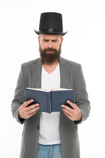 Book of poetry. Bearded man read book. Brutal bookworm isolated on white. Unshaven bibliophile. Reading book. Knowledge and information. Library and bibliotheca. Book shop — Stock Photo, Image