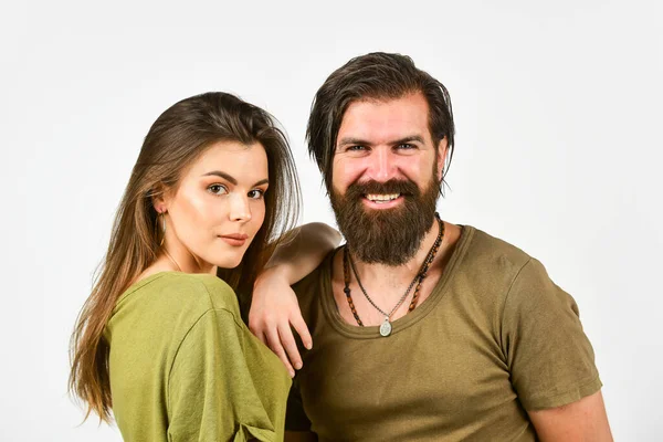 romantic love relationship. couple in love. beauty of hair. brutal casual fashion. hipster male with sexy girl. young trendy couple isolated on white. happiness. man and woman embrace