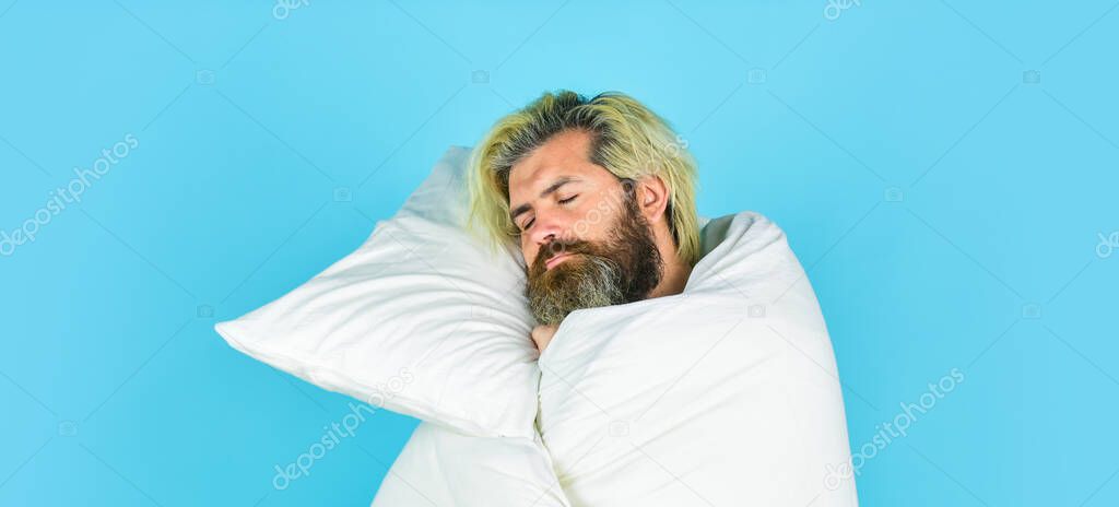 Melatonin makes you feel drowsy and helps you stay asleep. Fall asleep on go. Man handsome guy with pillow and duvet. Enough amount sleep. Tips sleeping better. Bearded man sleeping face relaxing