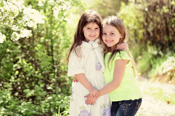 Los niños posan juntos en el fondo de la naturaleza, desenfocados. —  Fotos de Stock