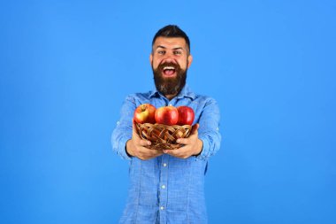 Mutlu yüzlü çiftçi kırmızı elmaları tutuyor. Bahçıvanlık ve sonbahar