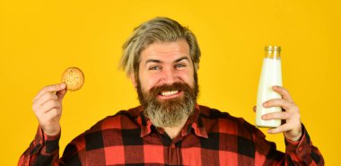 Sadece mutluyum. Süt ve tatlı kurabiye. Mutlu hipster kurabiye tatlısı yer. Çocukluğumuzdaki gibi lezzetli. Olgun sakallı adam kurabiyeyle süt içer. Kahvaltı geleneği. En sevdiği yemek. Tarif ev yapımı kurabiyeler