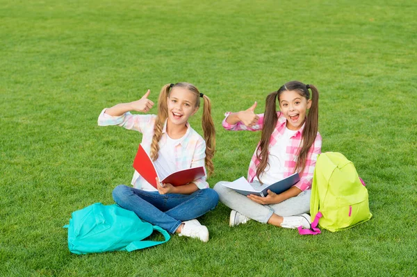 Descansando después del día escolar. vacaciones de primavera. mejores amigos para siempre. aprobar el examen con éxito. hermanas divertidas y felices muestran el pulgar hacia arriba. escribir un diario femenino. recuerdos de infancia — Foto de Stock