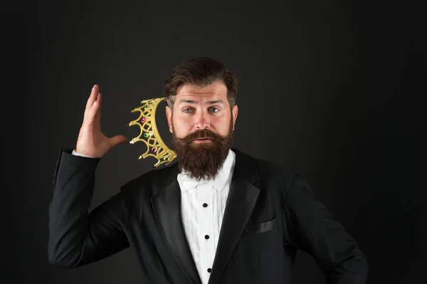 higher standard. bearded man in golden crown. elegant man in formal wear at special event. Party king. he is vip client. Premium user concept. reward for business success. Top manager. King of style