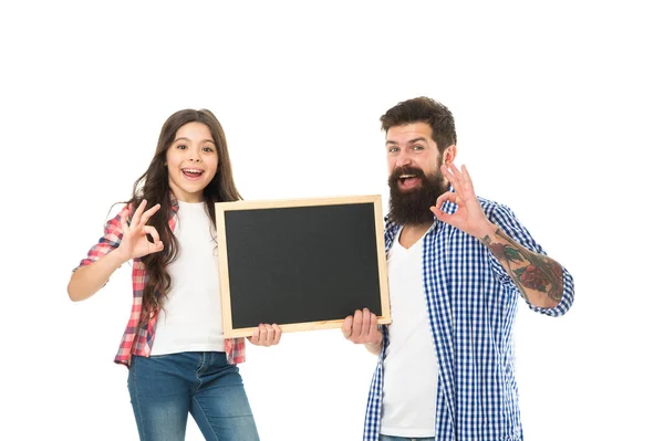 Father and daughter hold blackboard. happy fathers day celebration. spend family day here. little girl with dad isolated on white. happy childhood. back to school. your advertising here — Stock Photo, Image
