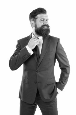 Ticareti yönlendiren işlemler. İş adamı konsepti. Kendine güvenen iş adamı yakışıklı, sakallı, resmi takım elbiseli adam. Başarılı bir iş adamı iyi giyimli görünüyor. Motivasyonlu girişimci. İş adamları