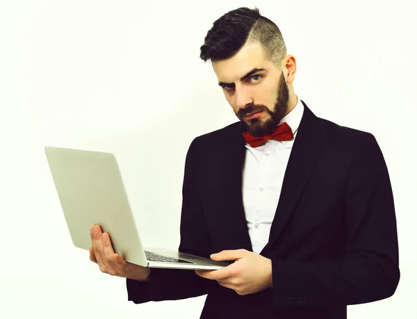 Serious and concentrated realtor with beard. Concept of digital marketing and business online — Stock Photo, Image