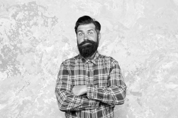 Individual style. Barber salon. Grooming service concept. Well groomed macho. Handsome hipster man on grey wall background. Bearded man hipster style. Hipster with beard and mustache wear blue shirt