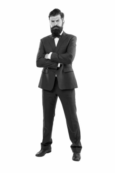 Modern business. Experienced leadership. Event manager. Business in modern life. Groom ready for wedding. Bearded man in formal suit. Businessman mature boss with beard wear bow tie. Art director — Stock Photo, Image