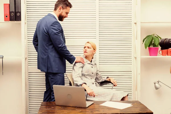 Male coworker touching girl. Share assault story. Defend yourself. First signs. Unacceptable touches. Discrimination abuse complaint. Victim sexual abuse at workplace. Abuse targeted at employee — Stock Photo, Image