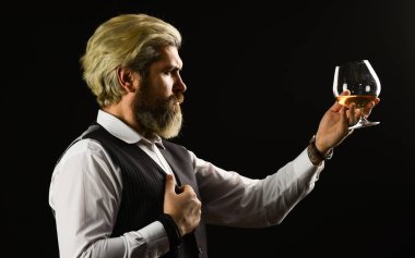 Şeri fıçıları içinde olgunlaşmış. Viski tatma. Zarif takım elbiseli sakallı iş adamı ve bir bardak viski. Zarif maço konyak içiyor. Sommelier 'in pahalı bir içeceği var. Viski durumunun iyi bir göstergesi