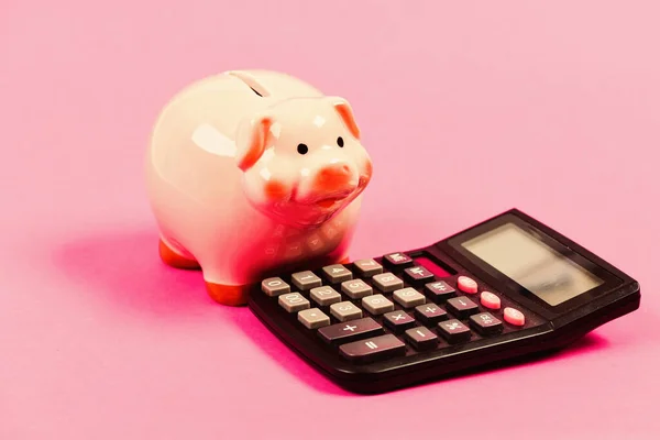 小猪银行是存钱的象征. 会计服务。 会计软件。 8.资金和投资。 Piggy银行粉色猪和计算器。 会计和家庭预算。 会计事务 — 图库照片