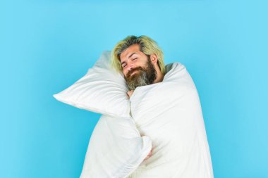 Tips sleeping better. Bearded man sleeping face relaxing. Melatonin makes you feel drowsy and helps you stay asleep. Fall asleep on go. Man handsome guy with pillow and duvet. Enough amount sleep clipart