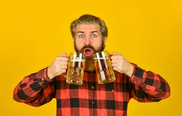 Holiday celebration. Fathers day. Birthday party concept. Alcoholic. Thirsty man drinking beer in pub bar. Beer with foam. Hipster drink beer. Mature bearded guy hold beer glass. Cheers toast — Stock Photo, Image