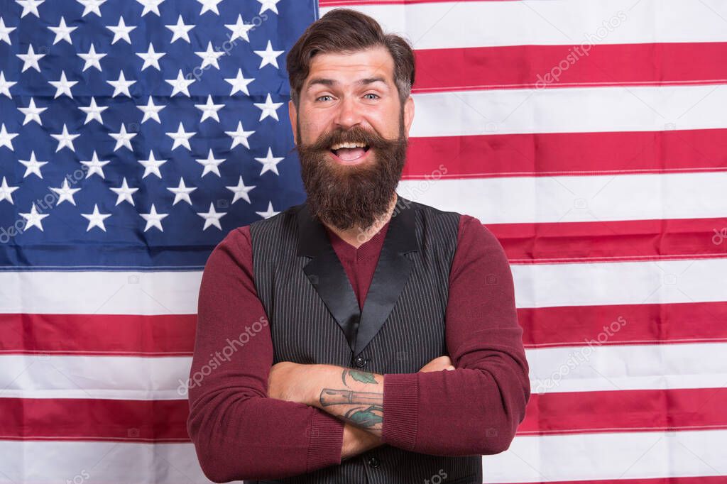 For the future. american education reform in july 4. american citizen at usa flag. american citizen in the election. happy celebration of victory. bearded hipster man being patriotic for usa