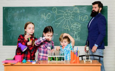 Kulübümüzün konusu. Grup etkileşimi ve iletişim. Kulüp, kimyalı çeşitli aktiviteleri içerir. Okul kulübü eğitimi. Öğretmen ve öğrencilerin test tüpleri sınıfta. Kimya temalı kulüp