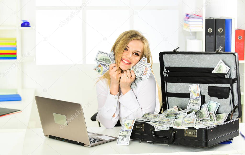 exchange. Wealth and rich. dirty money. woman has business success. successful businesslady with case. Internet earnings of fake money. bribe and money laundering. dollar currency cash