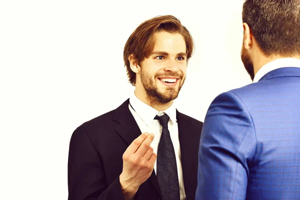 Boss and employee, happy men in jacket speaking at meeting — Stock Photo, Image