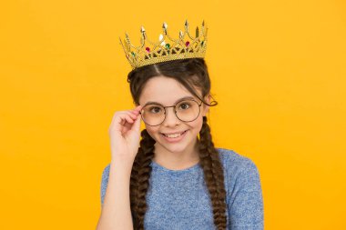Intelligent princess. Little smart girl wear eyeglasses. Clever child. Royal education. Adorable girl in glasses. Happy smiling princess. Excellent pupil. Success and happiness. Smartest princess clipart