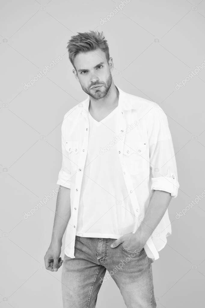 Reached privileged position. Sexy macho man. Formal fashion. Formal style. Clothes shop. Attractive man wear shirt. Confident in his appealing. Bearded guy business style. Handsome man fashion model