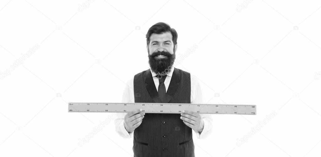 Open mind for different view. School teacher. Size really matters. Man bearded hipster holding ruler. Measure length. Measure and control. Geometry theorem. Measure with centimeters. Metric system