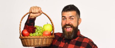 Sakallı bir adam beyaz arka planda meyveli sepeti tutuyor..