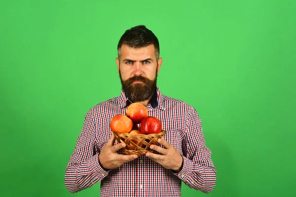 얼굴 이심각 한 농부는 사과를 들고 있다. 수염난 남자 — 스톡 사진
