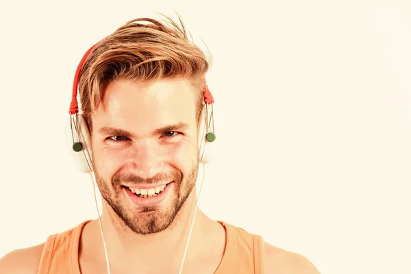 Enjoy perfect music sound headphones. Sale discount. Music fan concept. Man guy listening music headphones white background. Modern technology. Buy music gadget. Shop store musical accessory gadgets — Stock Photo, Image