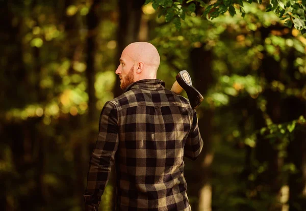 Lumberjack carry ax. bald woodsman worker. live on rancho. concept of masculinity. bearded hipster cut tree. man checkered shirt use axe. brutal and attractive male in forest. power and strength — Stock Photo, Image
