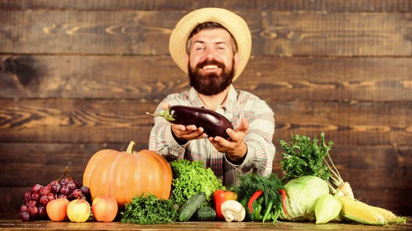 Coltivare colture biologiche. Controllo biologico dei parassiti. Uomo con la barba sfondo in legno. Agricoltore con verdure biologiche. Raccolta di ottima qualità. I fertilizzanti organici rendono il suolo e le piante sani e forti — Foto Stock