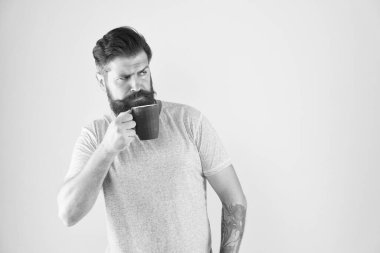 Sadece dinleniyorum. Sıcak içecek kupası. Adam gündelik tarzda çay içiyor. Günaydın kahve. Kahvaltıda sabah çayı. Öğle yemeği molası. Bir yudum ilham. Kafkasyalı vahşi hippi içki içiyor. Boşluğu kopyala