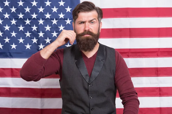 Barbershop. work and travel in usa. he is true american. Patriotic spirit. man celebrate 4th of July. nice trip to usa. explore america on vacation. twist his mustache. 4th of July Independence day — Stock Photo, Image