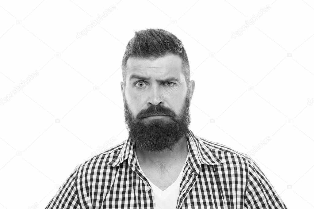 Wait what. Man serious face raising eyebrow not confident. Have some doubts. Hipster bearded face not sure in something. Doubtful bearded man on white background close up. Doubtful expression