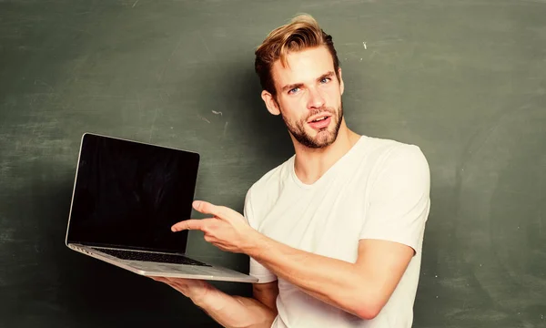 Apply online course for programmers. Programming web development. Student learn programming language. School teacher programming with laptop. Handsome man use modern technology. Digital technology — Stock Photo, Image